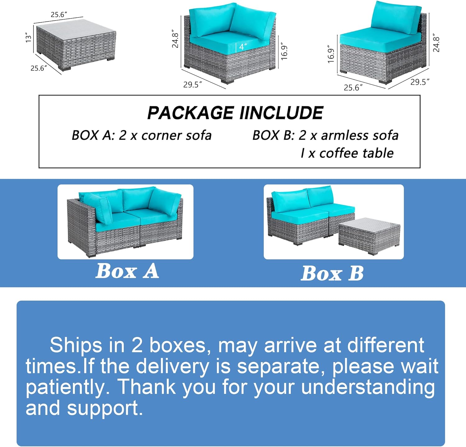 Shintenchi 5 Pieces Outdoor Patio Sectional Sofa Couch, Silver Gray PE Wicker Furniture Conversation Sets with Washable Cushions & Glass Coffee Table for Garden, Poolside, Backyard (Aegean Blue)