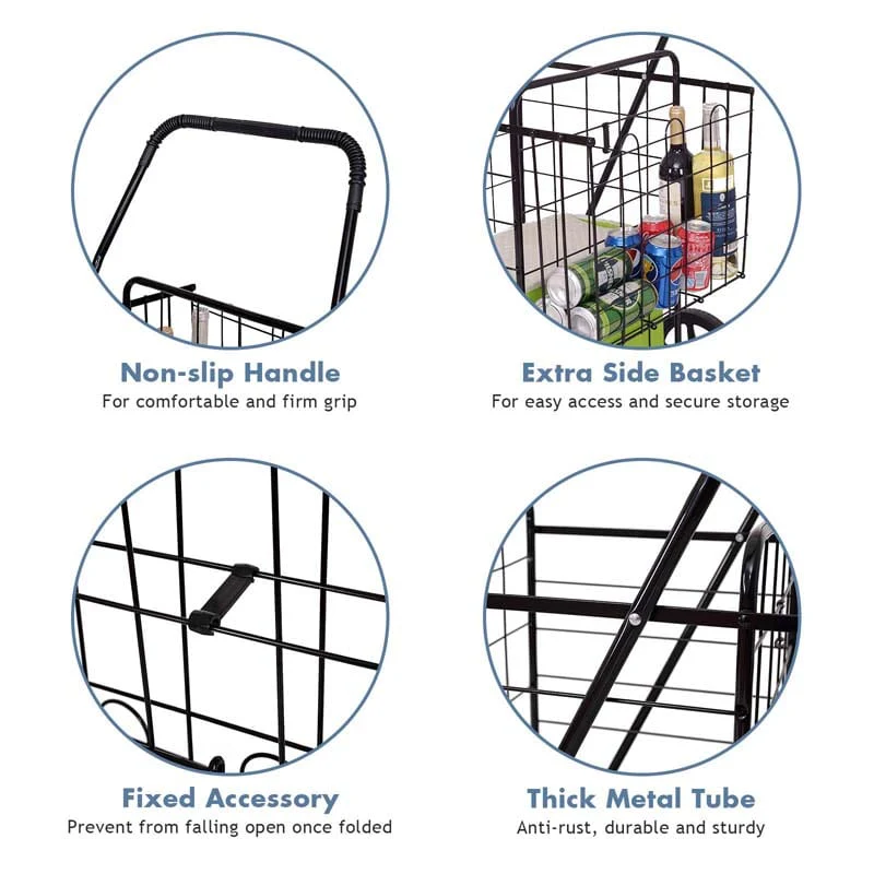 Jumbo Folding Shopping Cart Large Rolling Grocery Utility Cart with Double Basket & 360° Swivel Wheels