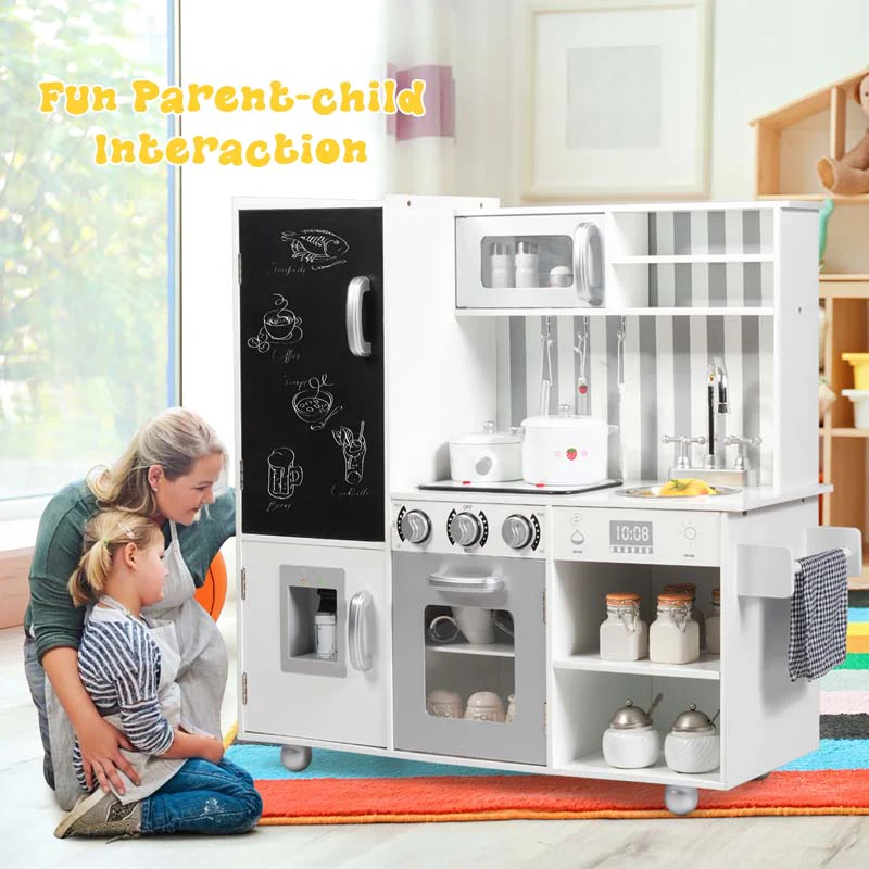 Wooden Kids Kitchen Playset with Simulated Sound, Chalkboard, Water Dispenser, Utensils, Little Chef Pretend Play Kitchen Toy Set Gift