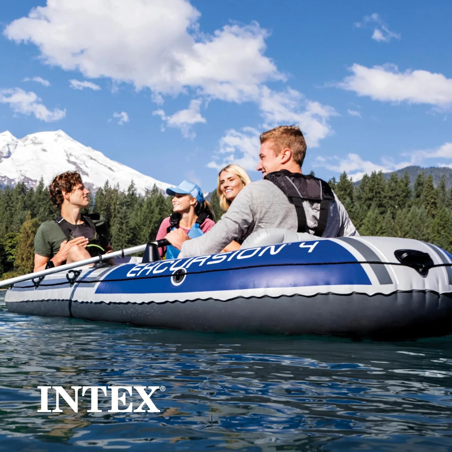 INTEX Excursion Inflatable Boat Series: Includes Deluxe 54in Boat Oars and High-Output Pump �C SuperTough PVC �C Adjustable Seats with Backrest �C Fishing Rod Holders �C Welded Oar Locks