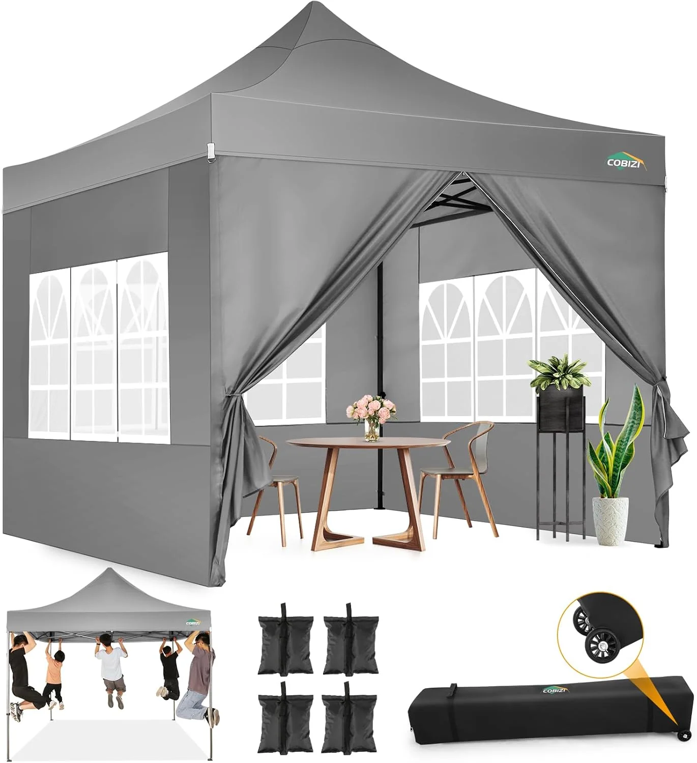 COBIZI 10x20 Heavy Duty Pop up Canopy Tent with 6 sidewalls Easy Up Commercial Outdoor Canopy Wedding Party Tents for Parties All Season Wind & Waterproof Gazebo with Roller Bag,Black(Frame Thickened)