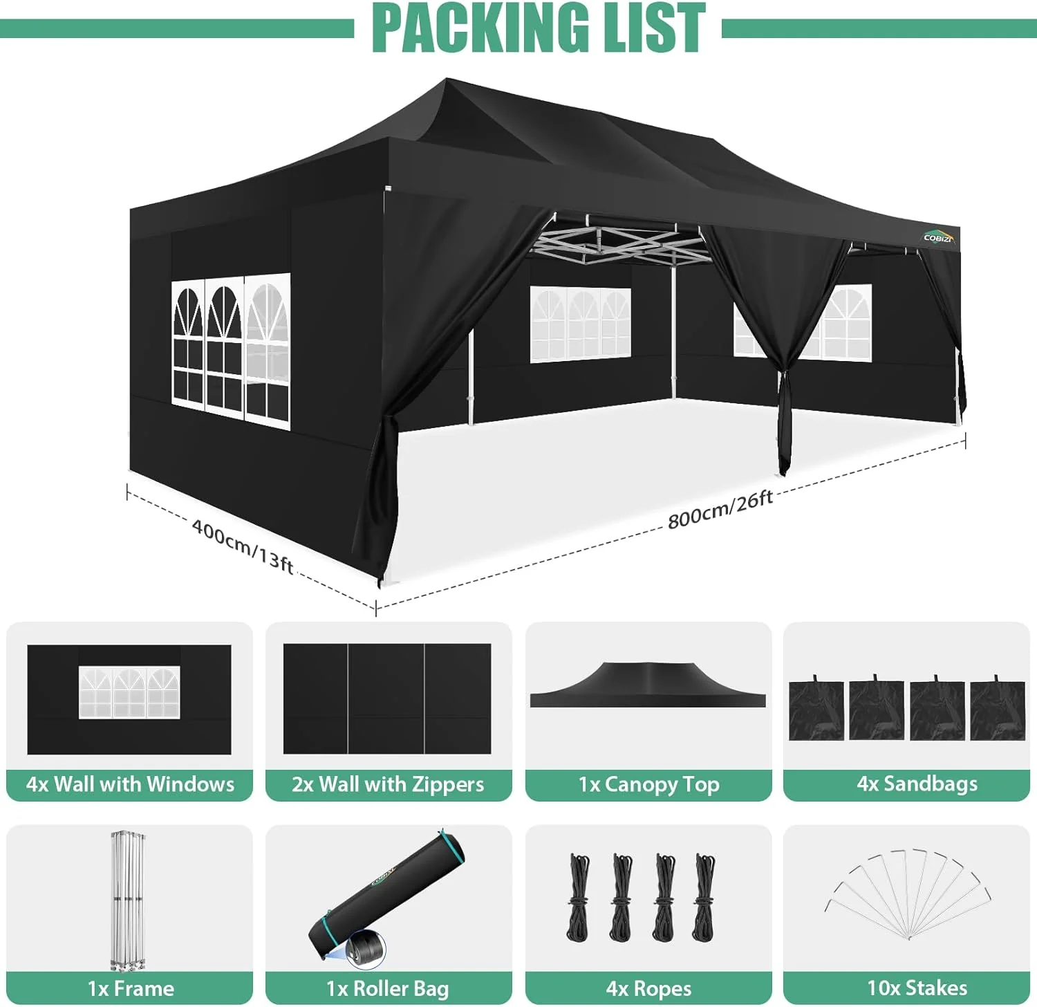COBIZI 10x20 Heavy Duty Pop up Canopy Tent with 6 sidewalls Easy Up Commercial Outdoor Canopy Wedding Party Tents for Parties All Season Wind & Waterproof Gazebo with Roller Bag,Black(Frame Thickened)