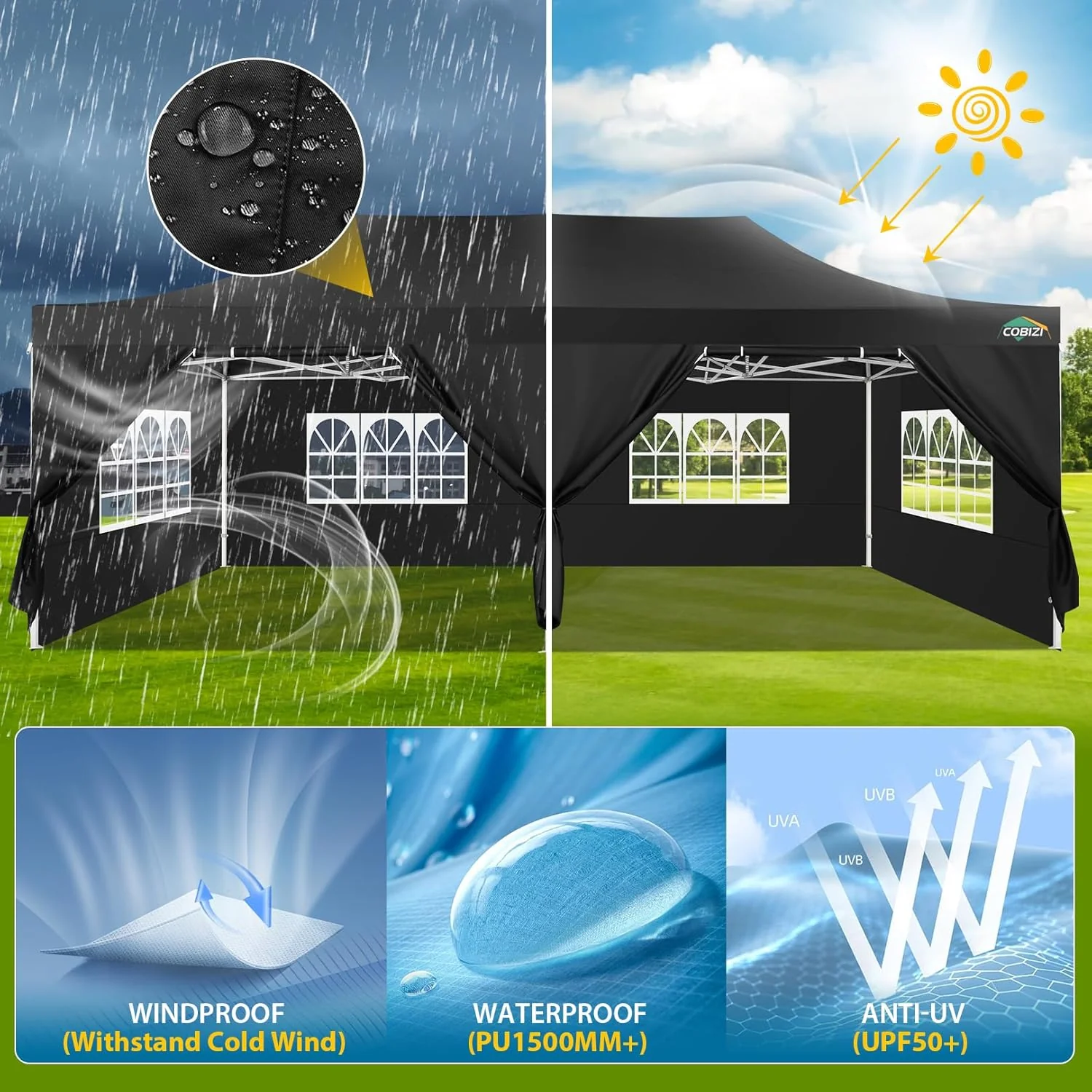 COBIZI 10x20 Heavy Duty Pop up Canopy Tent with 6 sidewalls Easy Up Commercial Outdoor Canopy Wedding Party Tents for Parties All Season Wind & Waterproof Gazebo with Roller Bag,Black(Frame Thickened)