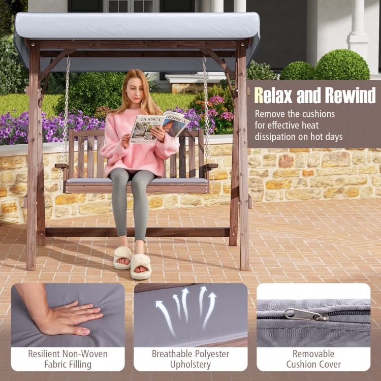 2-Person Porch Swing with Fir Wood Stand and Tilt Canopy