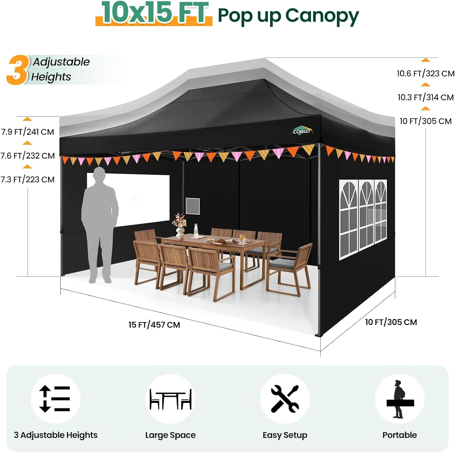 COBIZI 10x20 Heavy Duty Pop up Canopy Tent with 6 sidewalls Easy Up Commercial Outdoor Canopy Wedding Party Tents for Parties All Season Wind & Waterproof Gazebo with Roller Bag,Black(Frame Thickened)