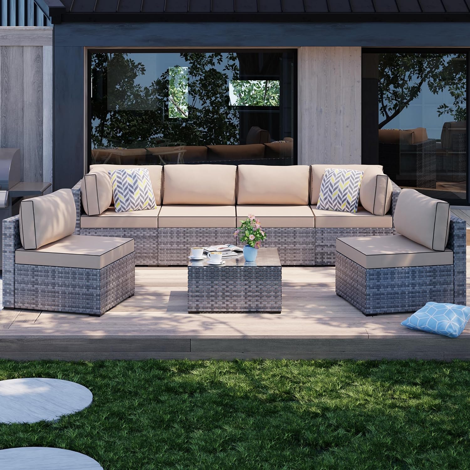 Shintenchi 5 Pieces Outdoor Patio Sectional Sofa Couch, Silver Gray PE Wicker Furniture Conversation Sets with Washable Cushions & Glass Coffee Table for Garden, Poolside, Backyard (Aegean Blue)