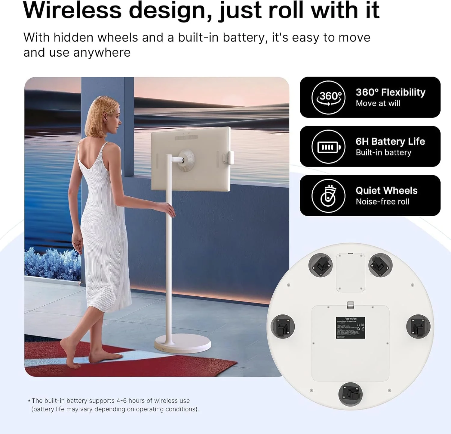 32-Inch Portable TV, 1080P FHD Rolling TV on Wheels with Rotatable Touch Screen, Android 13 OS, 8G RAM+128G Storage, Built-in Battery, Full Swivel Rotation, Voice Remote