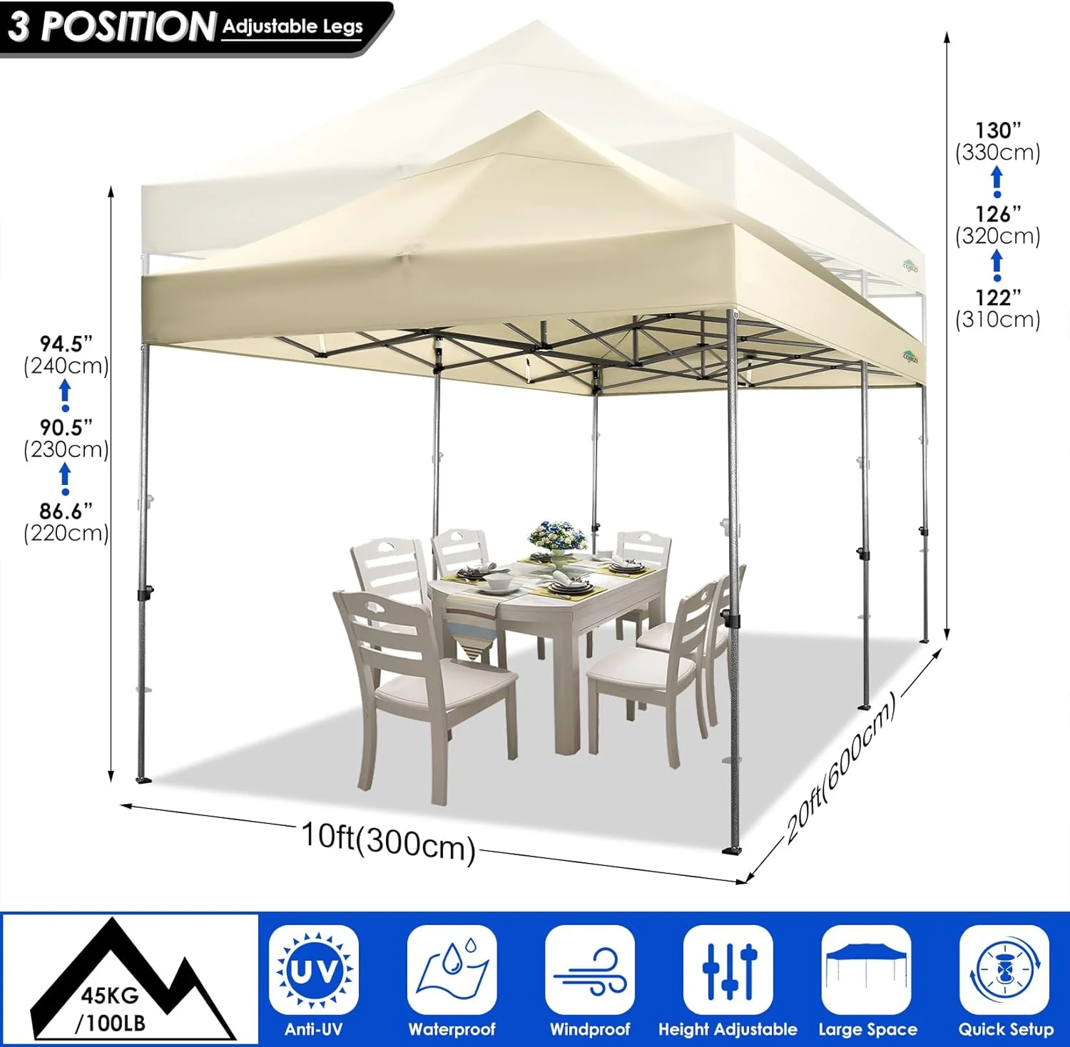 COBIZI 10x20 Heavy Duty Pop up Canopy Tent with 6 sidewalls Easy Up Commercial Outdoor Canopy Wedding Party Tents for Parties All Season Wind & Waterproof Gazebo with Roller Bag,Black(Frame Thickened)