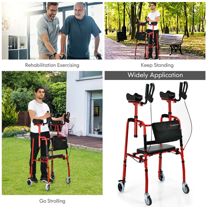 2 in 1 Folding Upright Walker Height Adjustable Rollator Walker with Seat & Wheels, Mobility Walking Aid for Seniors