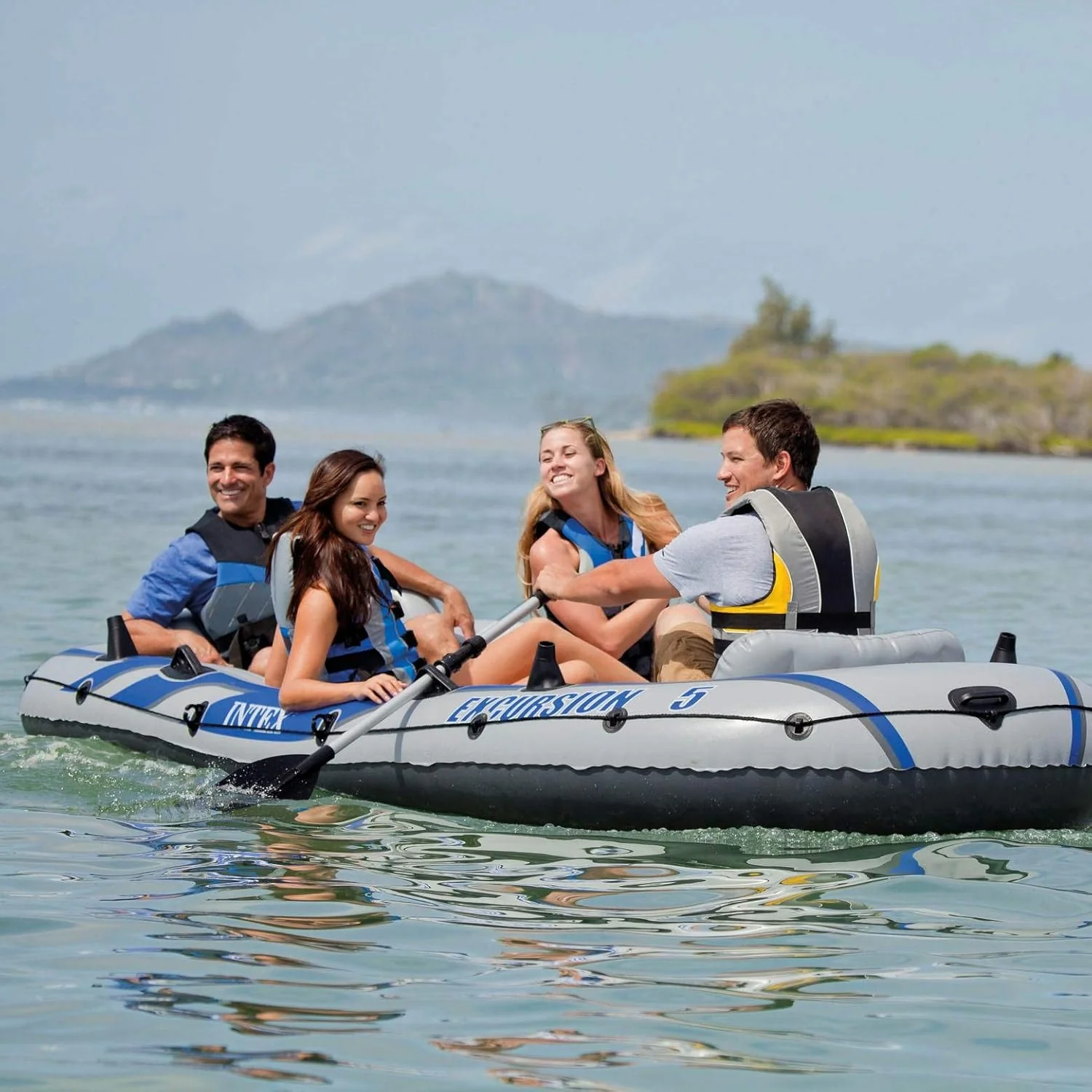 INTEX Excursion Inflatable Boat Series: Includes Deluxe 54in Boat Oars and High-Output Pump �C SuperTough PVC �C Adjustable Seats with Backrest �C Fishing Rod Holders �C Welded Oar Locks