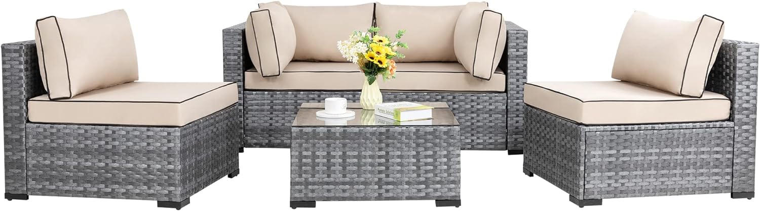 Shintenchi 5 Pieces Outdoor Patio Sectional Sofa Couch, Silver Gray PE Wicker Furniture Conversation Sets with Washable Cushions & Glass Coffee Table for Garden, Poolside, Backyard (Aegean Blue)