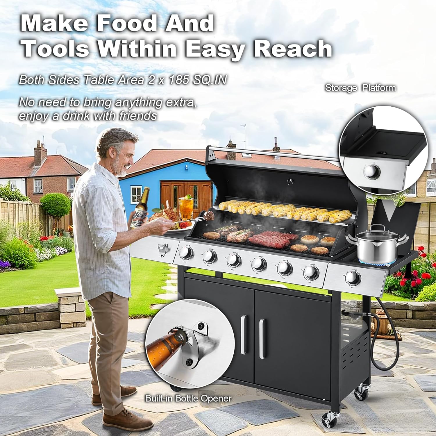 Upgraded 4 Burner BBQ Propane Gas Grill with Cast Iron Grates & Side Stove, 44,000 BTU Stainless Steel Burner Barbecue Grill for Patio, Camping, Outdoor Cooking MELLCOM