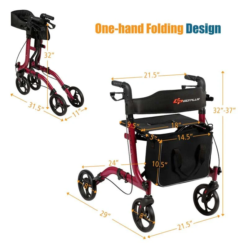 Folding Rollator Walker with Seat & Storage Bag, Lightweight Medical Walker Rolling Mobility Walking Aid