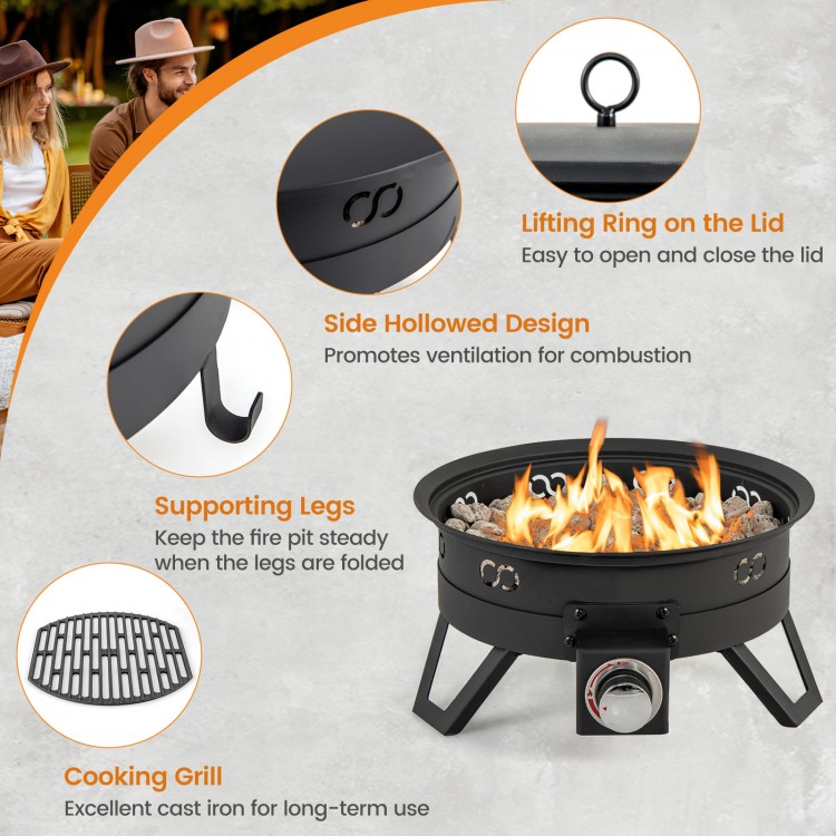 17 Inch Portable Gas Fire Pit with Folding Legs and Removable Grill for Camping