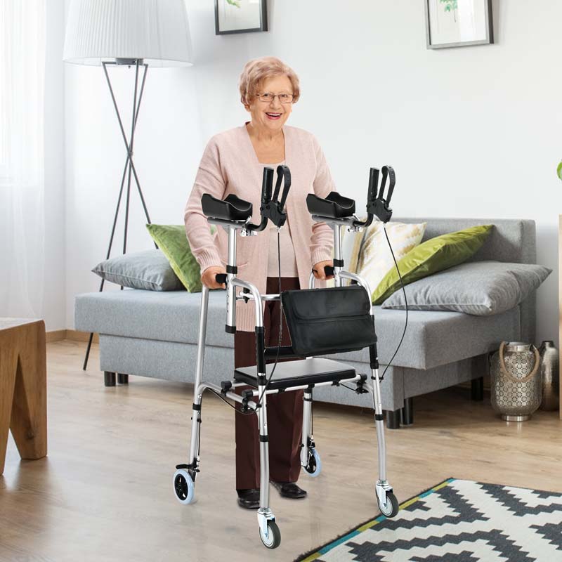 2 in 1 Folding Upright Walker Height Adjustable Rollator Walker with Seat & Wheels, Mobility Walking Aid for Seniors