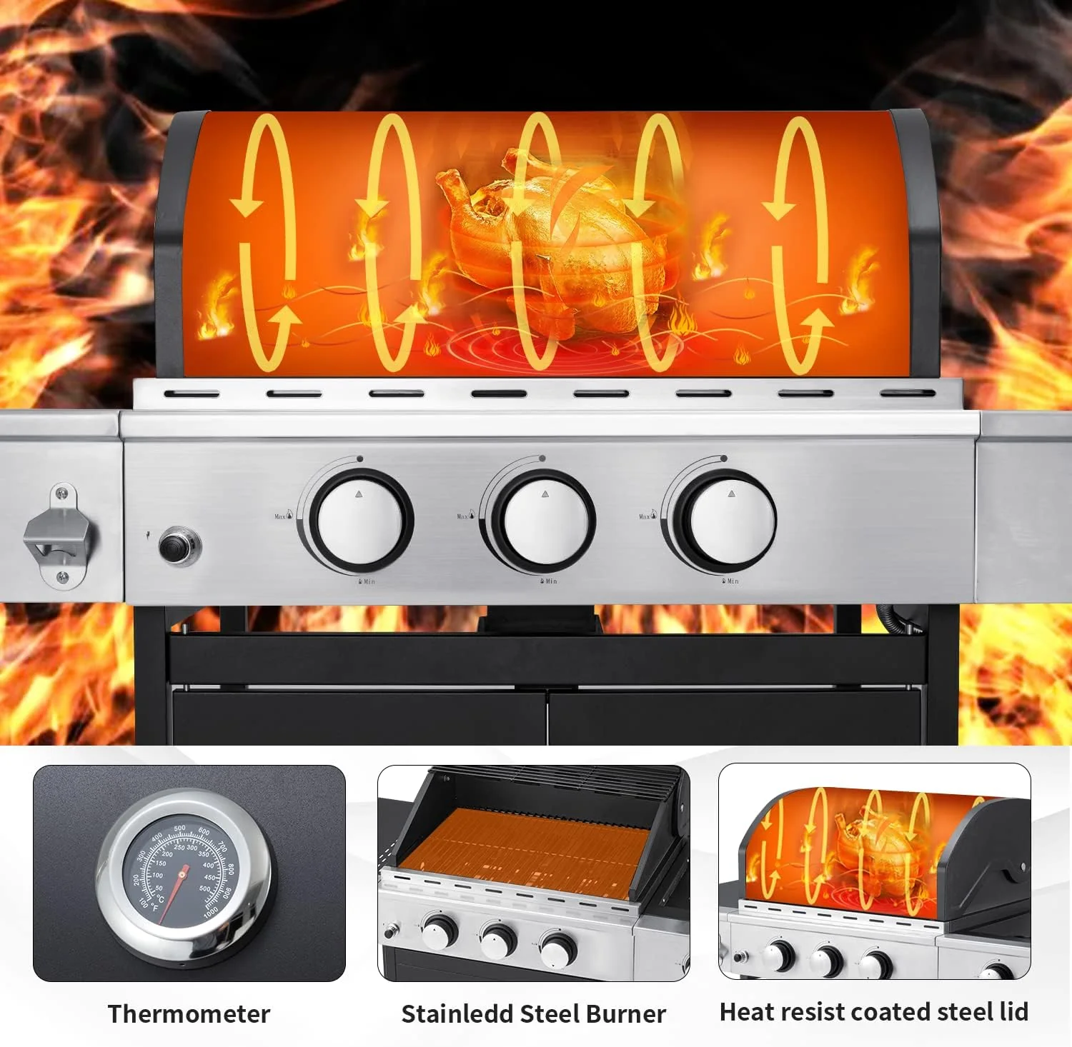 Upgraded 4 Burner BBQ Propane Gas Grill with Cast Iron Grates & Side Stove, 44,000 BTU Stainless Steel Burner Barbecue Grill for Patio, Camping, Outdoor Cooking MELLCOM