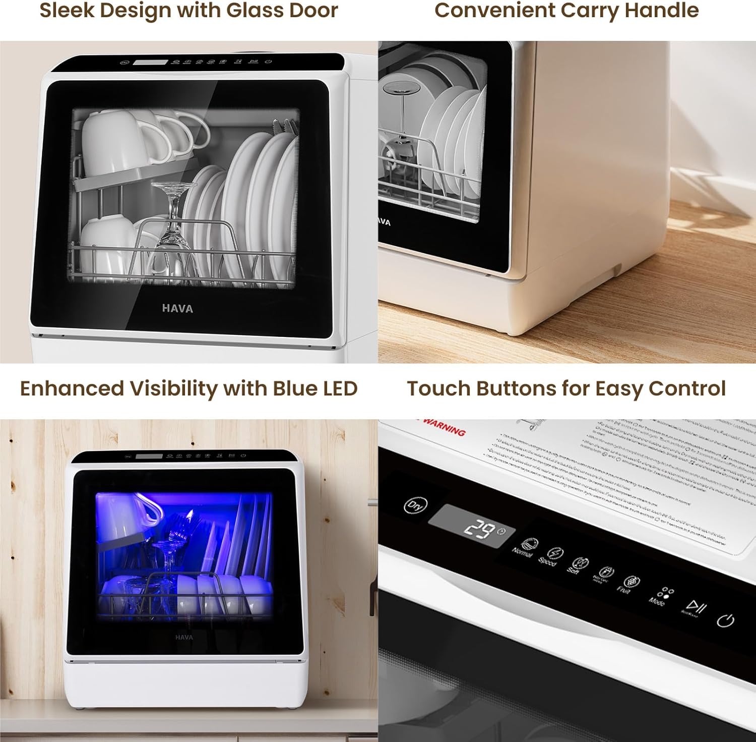 HAVA Countertop Dishwasher, 6 Programs Portable Dishwashers with 5L Built-in Water Tank