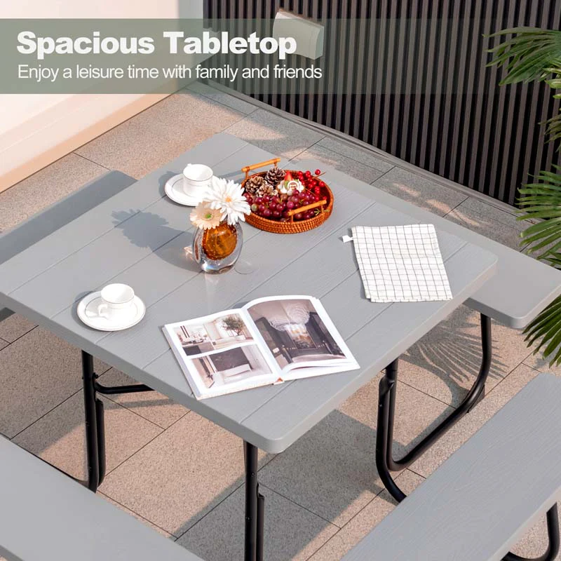 8 Person HDPE Outside Table & Bench Set, Outdoor Square Picnic Table with 4 Built-in Benches, Umbrella Hole, Metal Frame