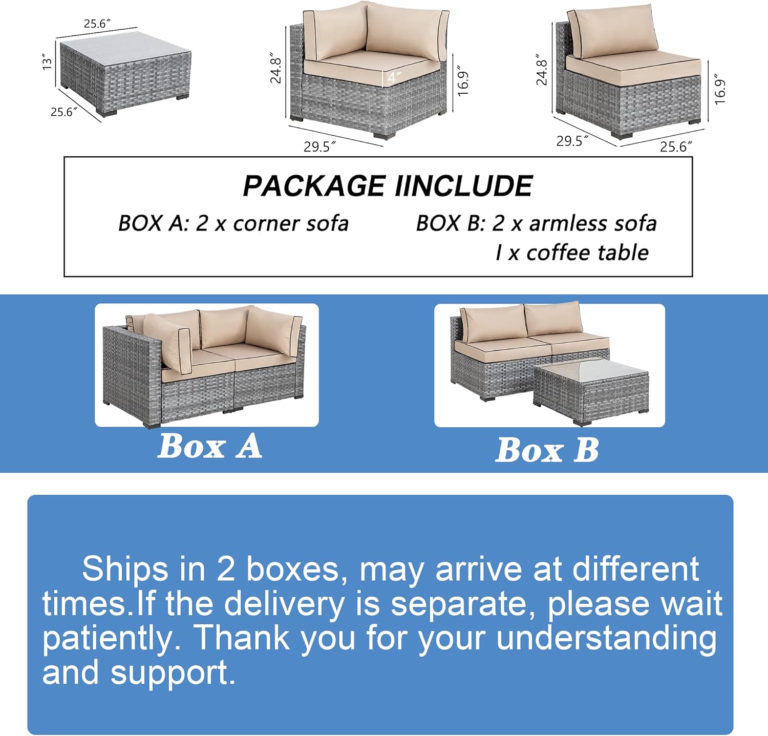 Shintenchi 5 Pieces Outdoor Patio Sectional Sofa Couch, Silver Gray PE Wicker Furniture Conversation Sets with Washable Cushions & Glass Coffee Table for Garden, Poolside, Backyard (Aegean Blue)