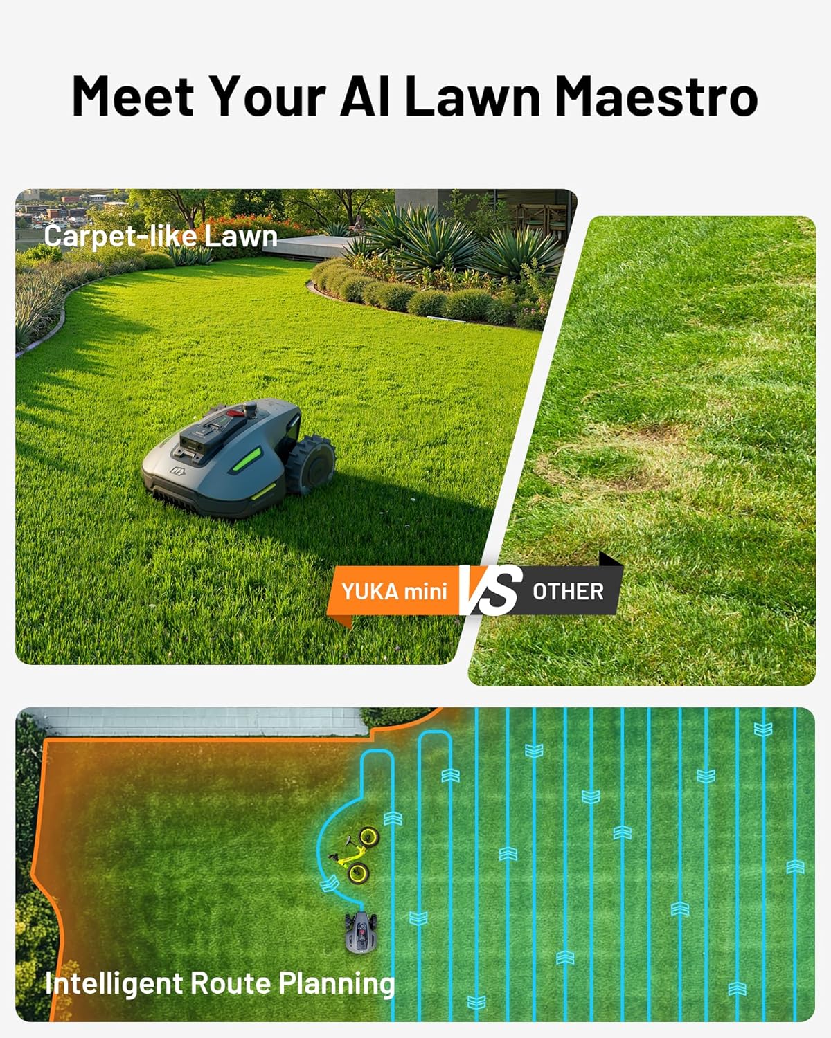 YUKA Mini 500H Robot Lawn Mower Reception 0.12 Acre, Max. 0.17 Acre, Ultrasense AI Vision+ RTK Positioning, Auto Mapping, App Control,45% Slope, Cutting Height 2''~3.5'', 3 Mowing Zones
