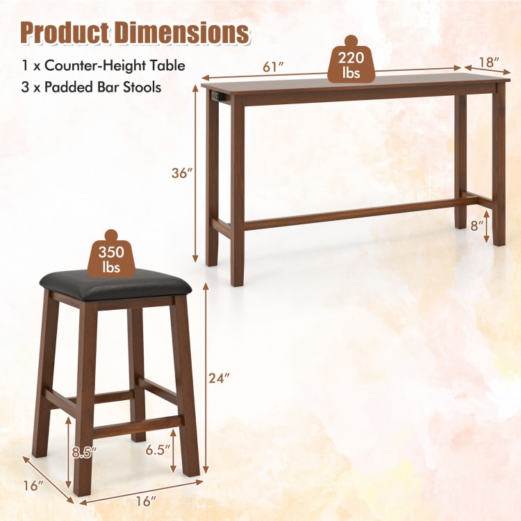 4-Piece Bar Table Set Counter-Height Table and 3 PVC Leather Upholstered Bar Stools