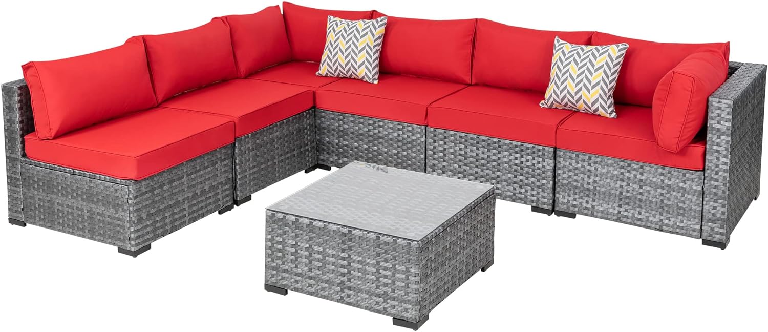 Shintenchi 5 Pieces Outdoor Patio Sectional Sofa Couch, Silver Gray PE Wicker Furniture Conversation Sets with Washable Cushions & Glass Coffee Table for Garden, Poolside, Backyard (Aegean Blue)
