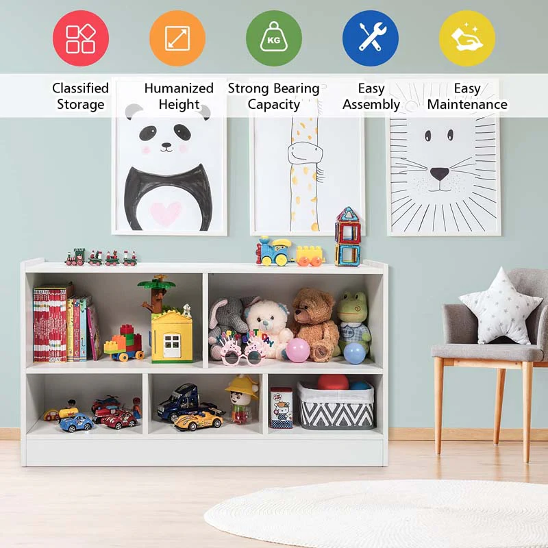 2-Shelf Kids Bookcase 5-Cube Wood Toy Storage Cabinet Organizer for Classroom, Playroom, Nursery, Kindergarten