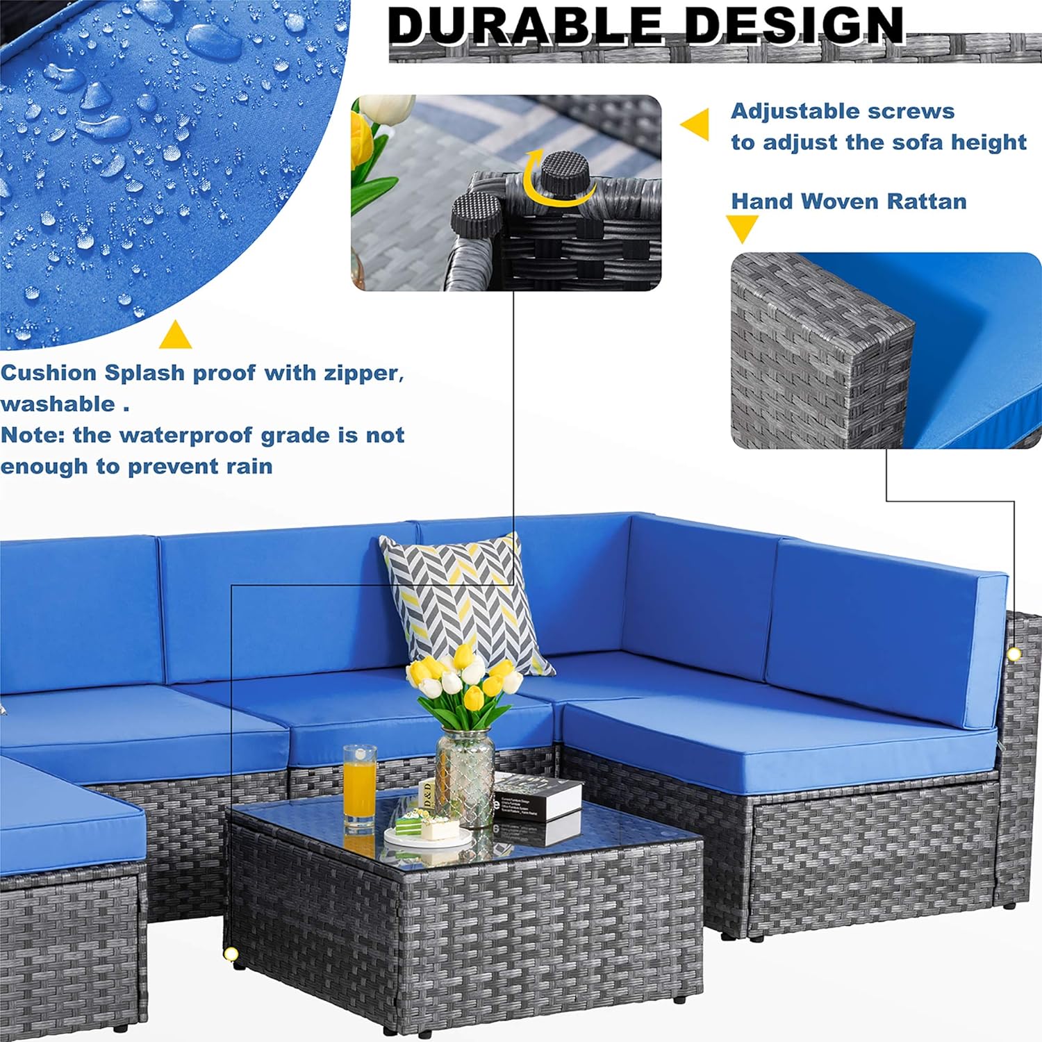 Shintenchi 5 Pieces Outdoor Patio Sectional Sofa Couch, Silver Gray PE Wicker Furniture Conversation Sets with Washable Cushions & Glass Coffee Table for Garden, Poolside, Backyard (Aegean Blue)