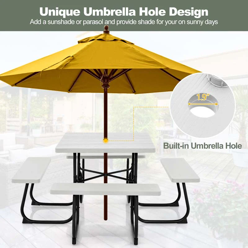 8 Person HDPE Outside Table & Bench Set, Outdoor Square Picnic Table with 4 Built-in Benches, Umbrella Hole, Metal Frame