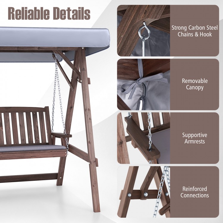 2-Person Porch Swing with Fir Wood Stand and Tilt Canopy