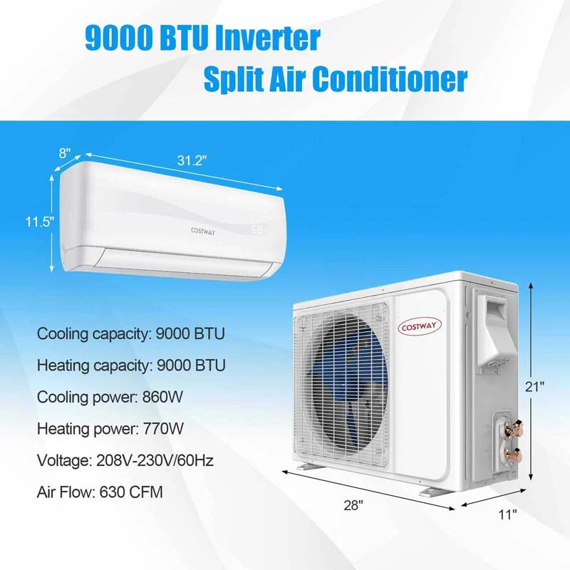 9000 BTU 17 SEER2 Mini Split Air Conditioner & Heater Ductless Inverter System, 208-230V Wall-Mounted AC Unit with Heat Pump