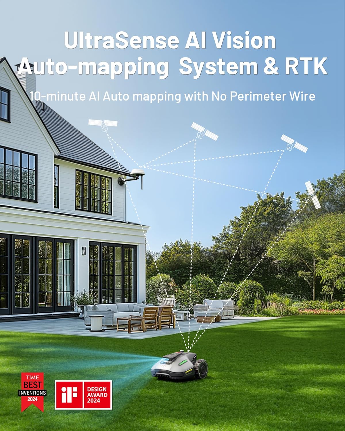 YUKA Mini 500H Robot Lawn Mower Reception 0.12 Acre, Max. 0.17 Acre, Ultrasense AI Vision+ RTK Positioning, Auto Mapping, App Control,45% Slope, Cutting Height 2''~3.5'', 3 Mowing Zones