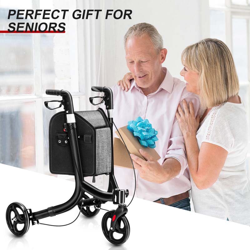 3-Wheel Folding Rollator Walker with Shopping Bag, Lightweight Aluminum Mobility Walking Aid