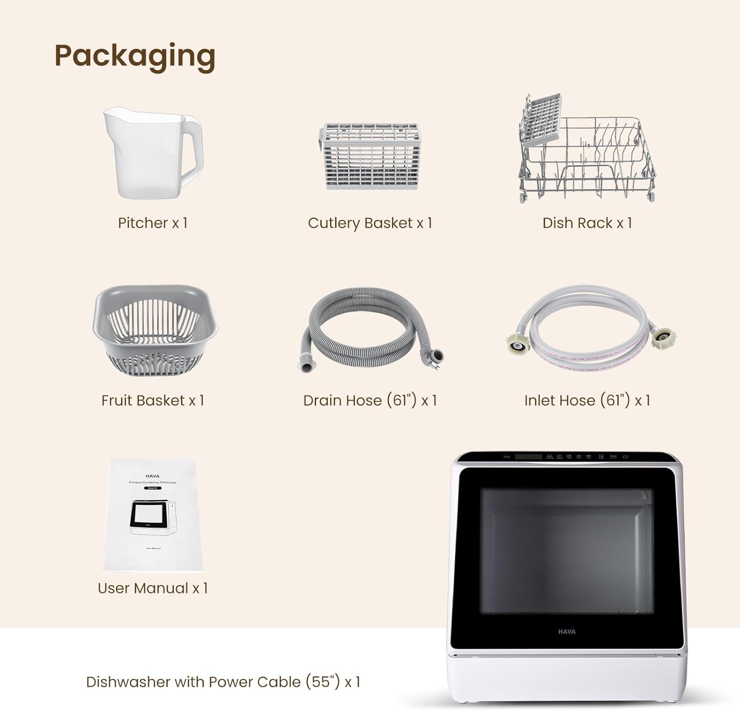 HAVA Countertop Dishwasher, 6 Programs Portable Dishwashers with 5L Built-in Water Tank