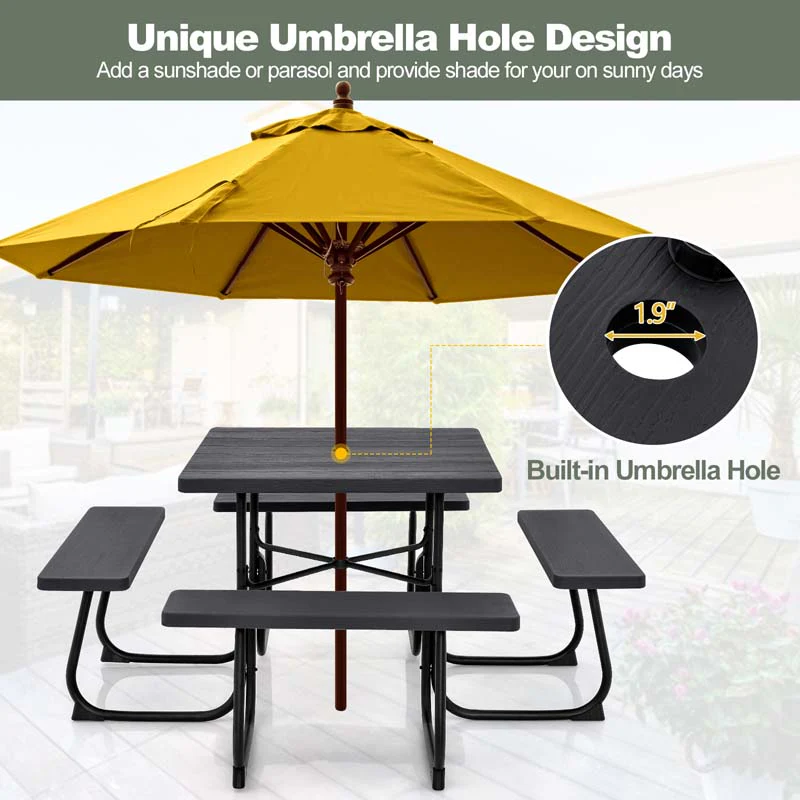 8 Person HDPE Outside Table & Bench Set, Outdoor Square Picnic Table with 4 Built-in Benches, Umbrella Hole, Metal Frame