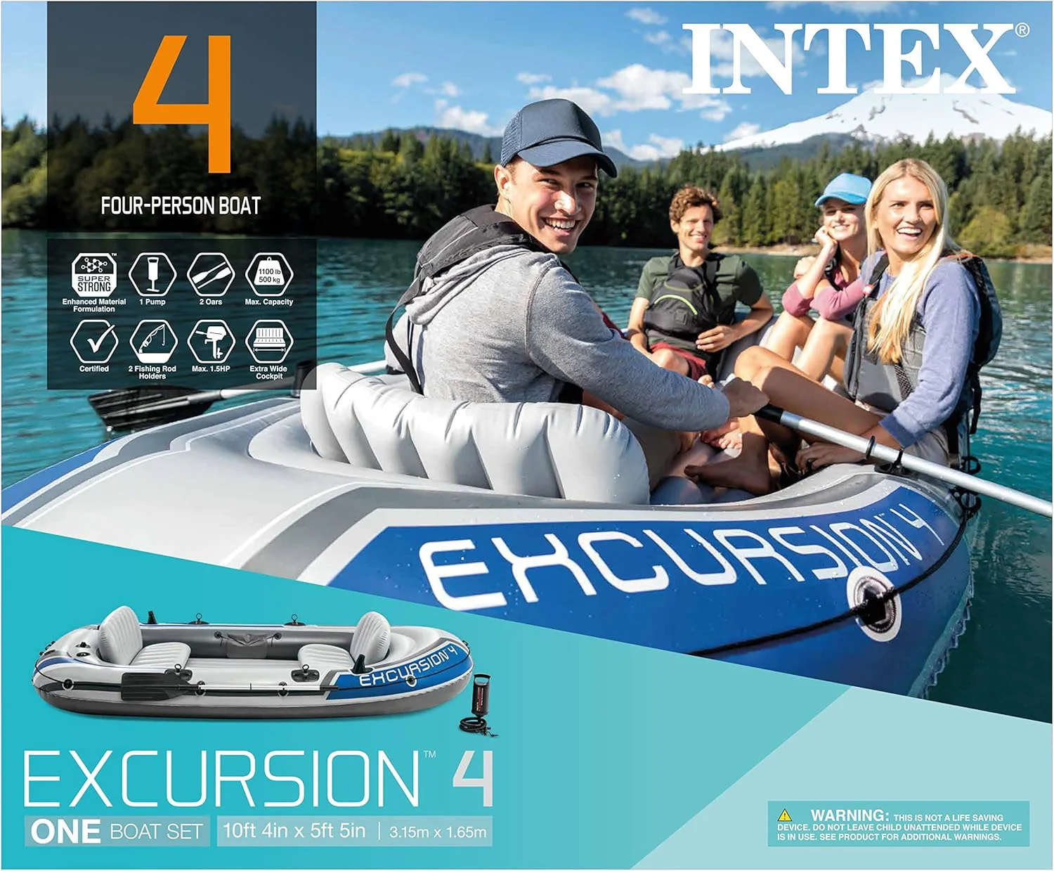 INTEX Excursion Inflatable Boat Series: Includes Deluxe 54in Boat Oars and High-Output Pump �C SuperTough PVC �C Adjustable Seats with Backrest �C Fishing Rod Holders �C Welded Oar Locks