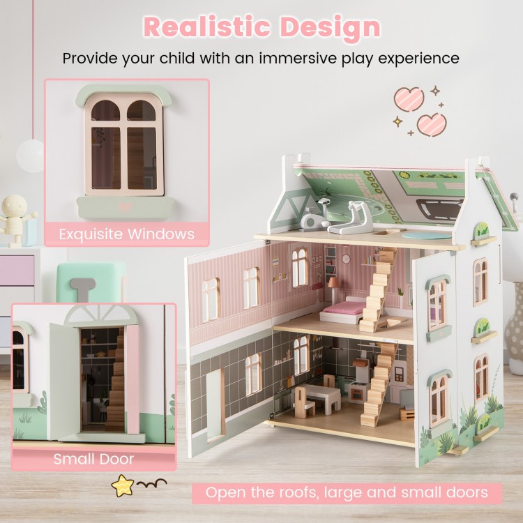 Kids Wooden Dollhouse 3 Level with Double-Sided Roofs and Doors