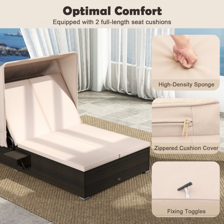 Patio Double Chaise Lounge with Shade Cushions and Folding Side Trays