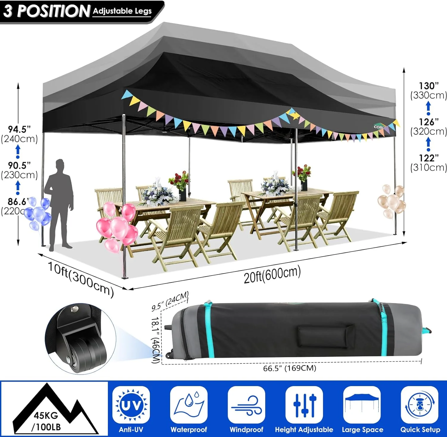 COBIZI 10x20 Heavy Duty Pop up Canopy Tent with 6 sidewalls Easy Up Commercial Outdoor Canopy Wedding Party Tents for Parties All Season Wind & Waterproof Gazebo with Roller Bag,Black(Frame Thickened)