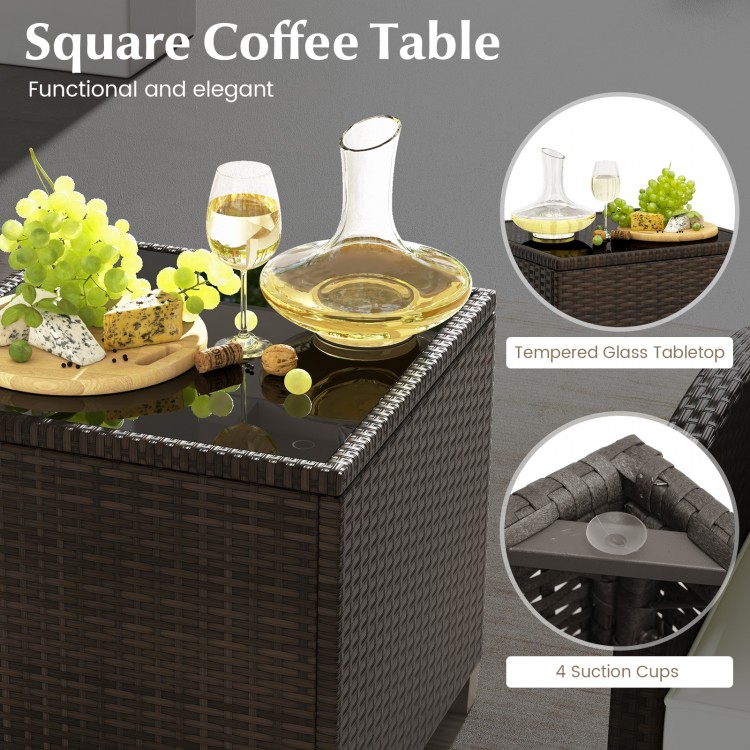 5 Pieces Patio Rattan Furniture with 2 Ottomans and Tempered Glass Coffee Table