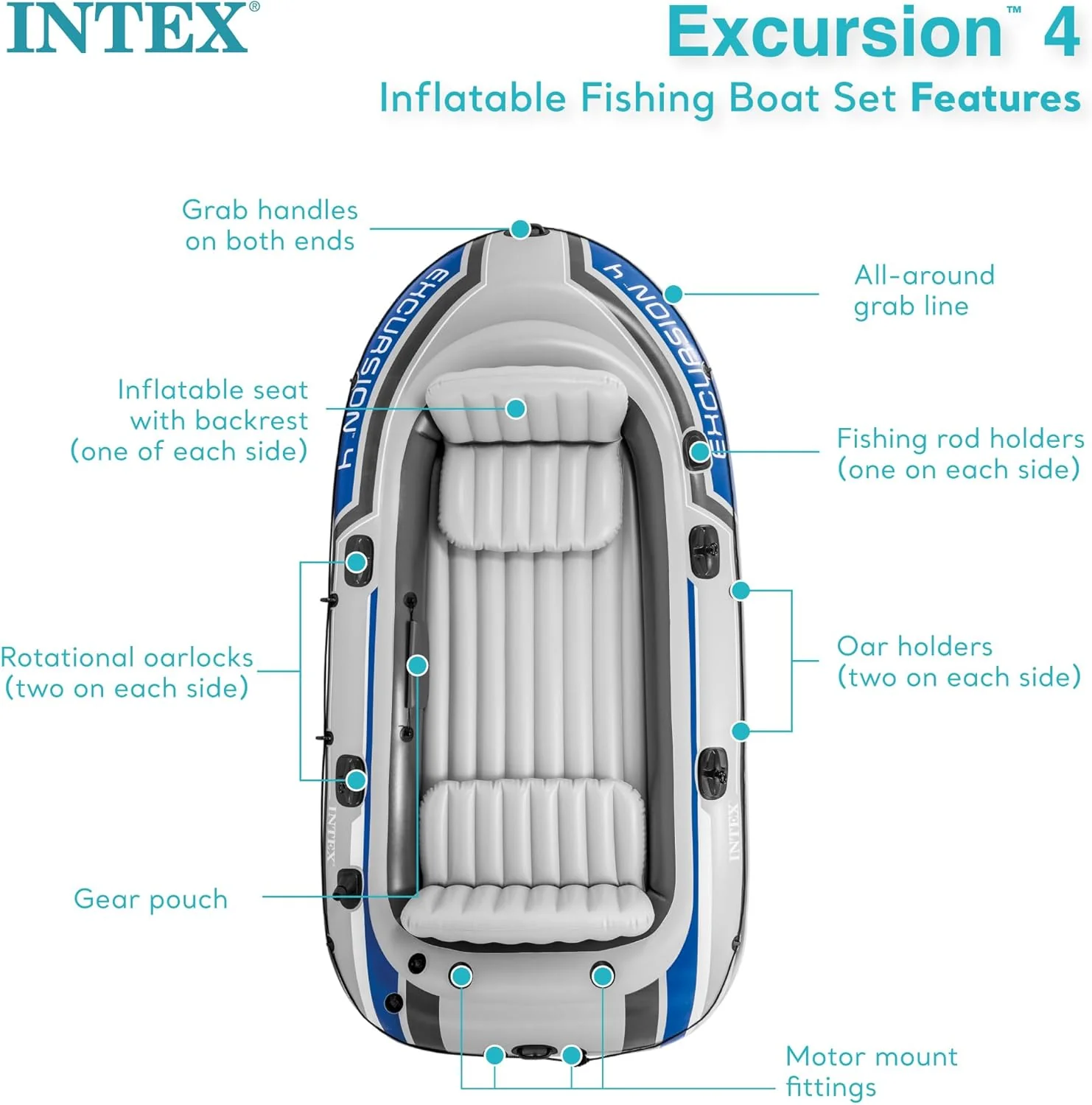 INTEX Excursion Inflatable Boat Series: Includes Deluxe 54in Boat Oars and High-Output Pump �C SuperTough PVC �C Adjustable Seats with Backrest �C Fishing Rod Holders �C Welded Oar Locks