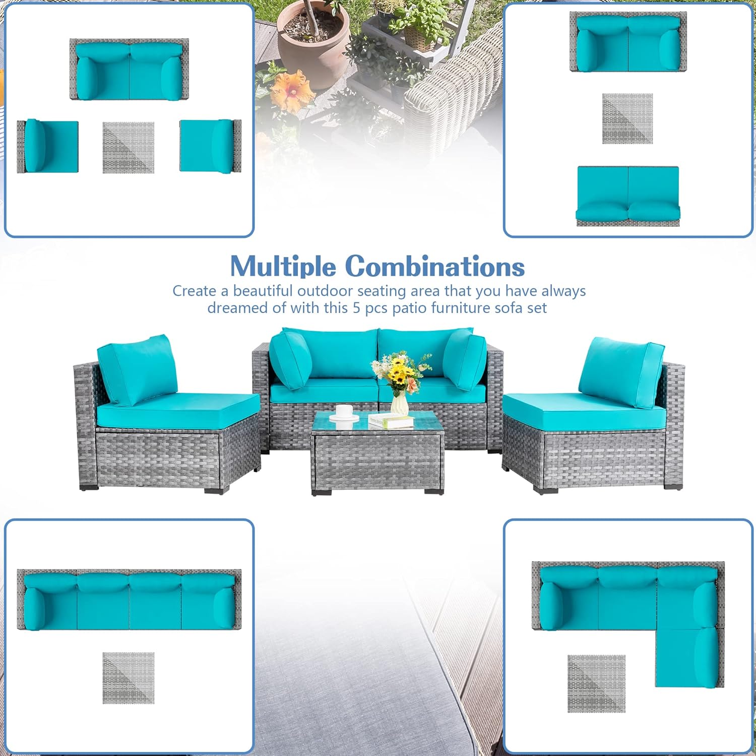 Shintenchi 5 Pieces Outdoor Patio Sectional Sofa Couch, Silver Gray PE Wicker Furniture Conversation Sets with Washable Cushions & Glass Coffee Table for Garden, Poolside, Backyard (Aegean Blue)