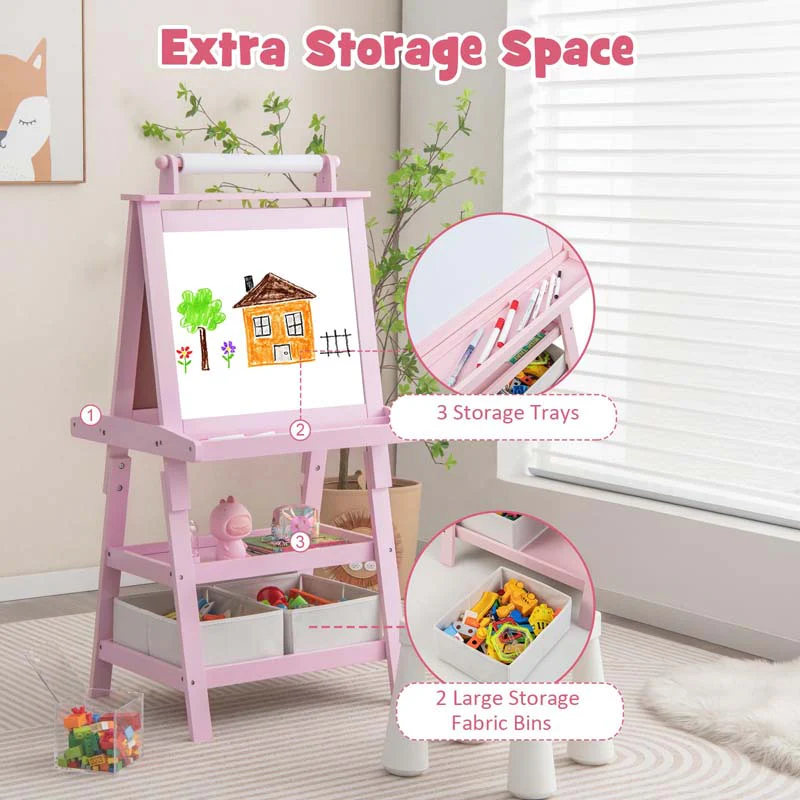 3-in-1 Double-Sided Kids Art Easel, Wooden Storage Toddler Easel with Magnetic White Board & Chalkboard, Paper Roll, Painting Dry Erase