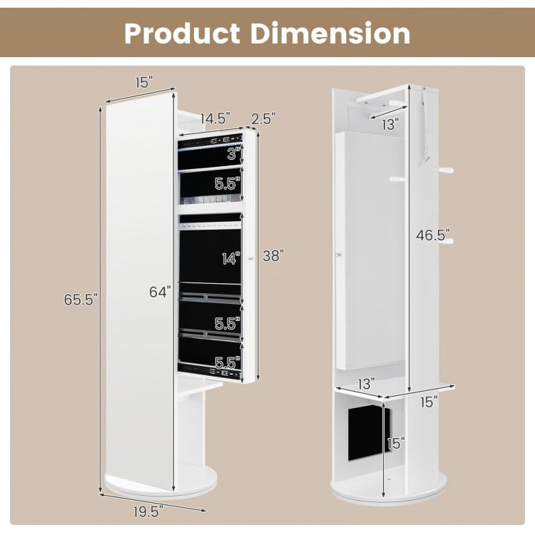 360-Degree Swivel Jewelry Cabinet Armoire with Full Length Mirror and Coat Rack