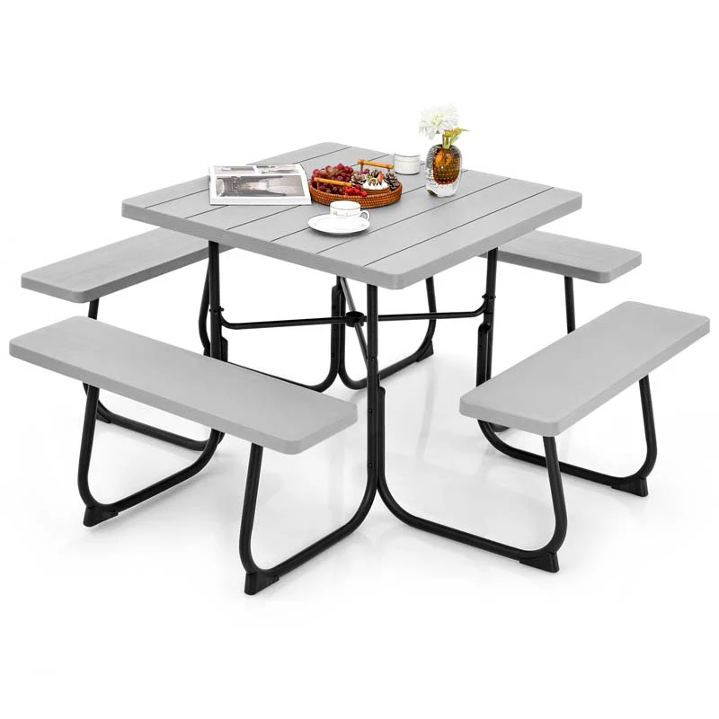 8 Person HDPE Outside Table & Bench Set, Outdoor Square Picnic Table with 4 Built-in Benches, Umbrella Hole, Metal Frame