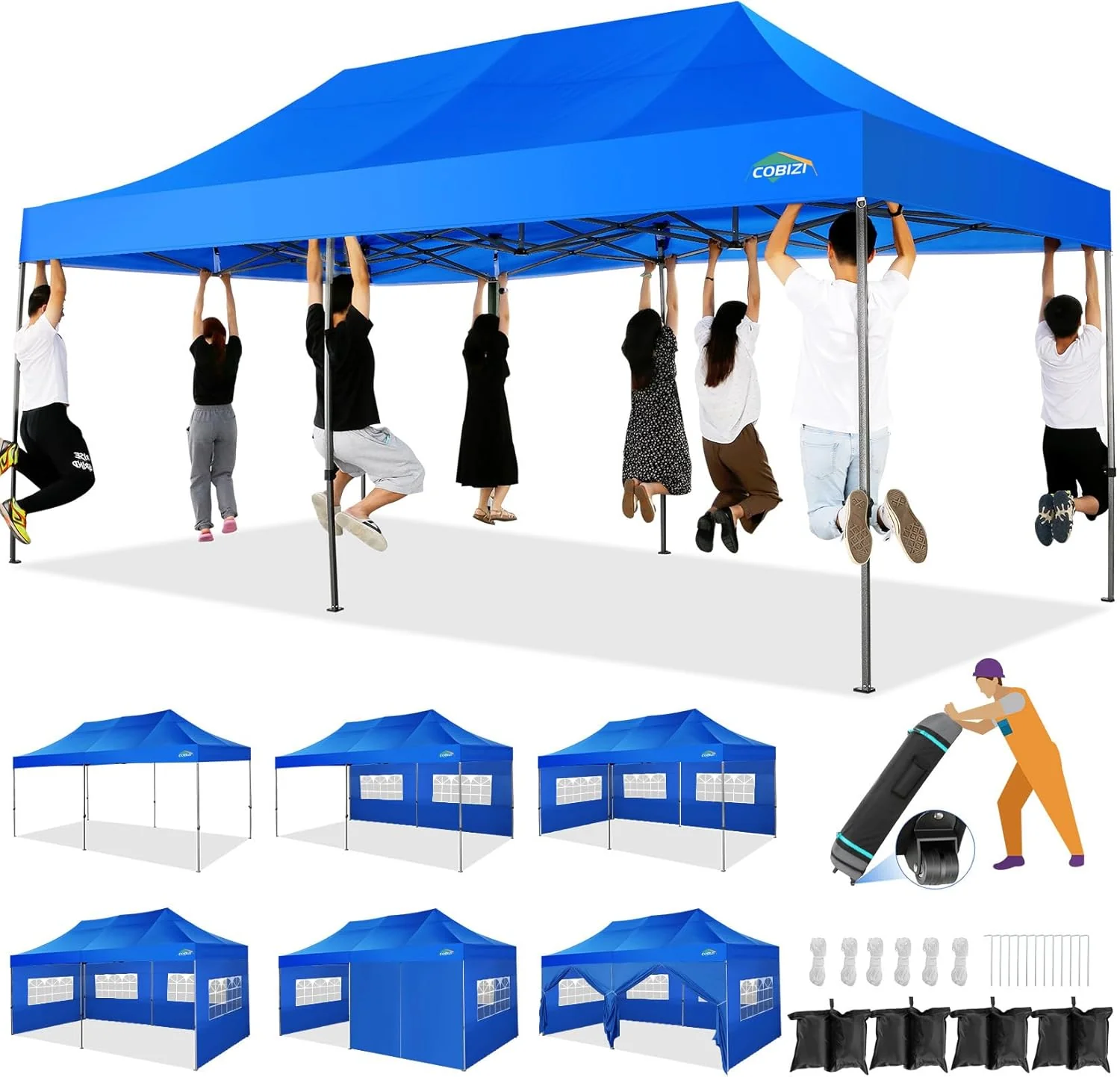 COBIZI 10x20 Heavy Duty Pop up Canopy Tent with 6 sidewalls Easy Up Commercial Outdoor Canopy Wedding Party Tents for Parties All Season Wind & Waterproof Gazebo with Roller Bag,Black(Frame Thickened)