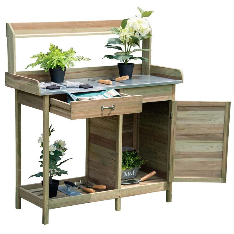 Outdoor Patio Potting Bench Table Rack with Metal Tabletop, Big Drawer & Removable Shelf, Fir Wood Garden Workstation
