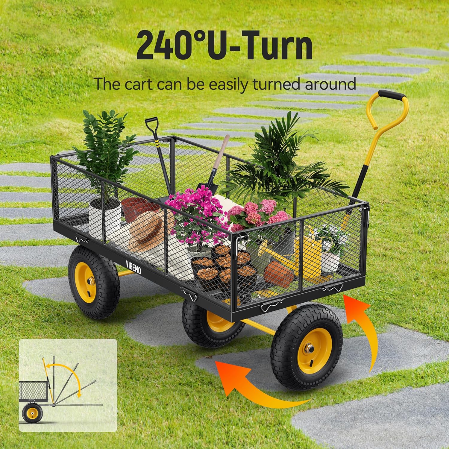 Steel Garden Cart, 2-in-1 1400 lbs Heavy Duty Utility Wagon, with Removable Mesh Sides to Convert into Flatbed, 240?? U-Turn 13