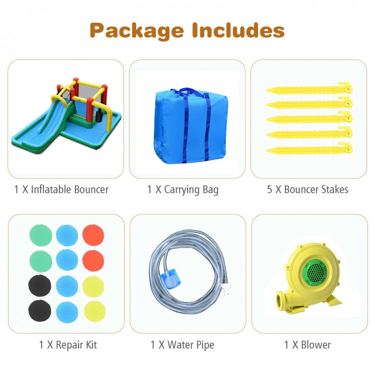Inflatable Water Slide Climbing Bounce House with Tunnel and 735W Blower