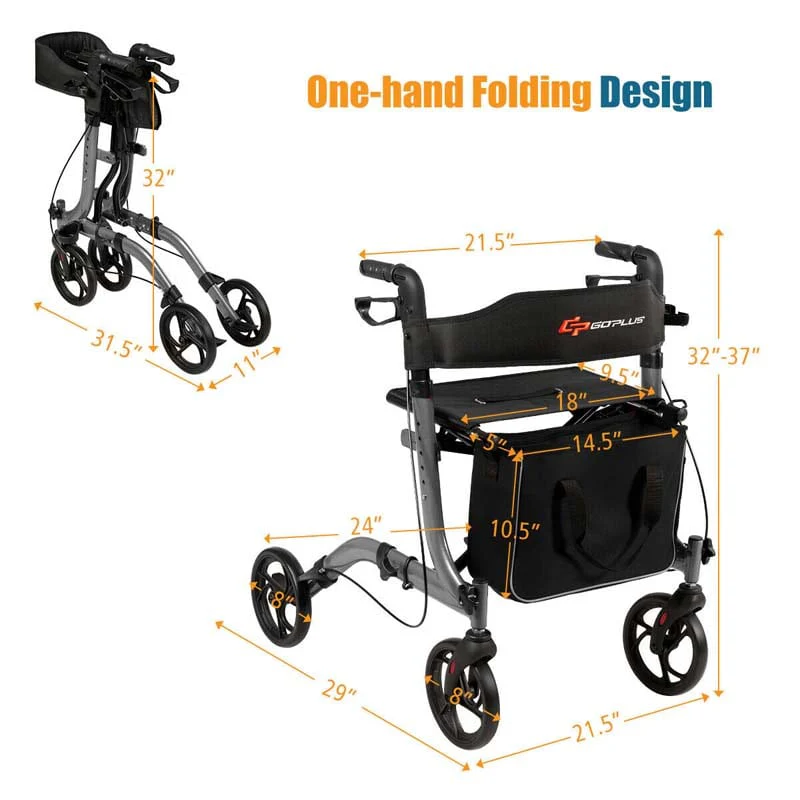 Folding Rollator Walker with Seat & Storage Bag, Lightweight Medical Walker Rolling Mobility Walking Aid